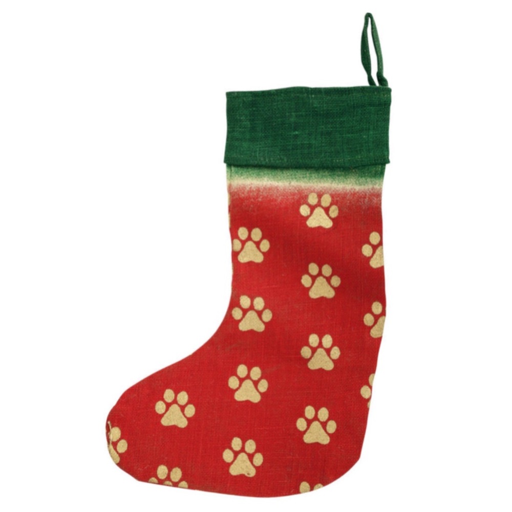 GREATER GOODS GOLDEN PAWS RED & GREEN JUTE CHRISTMAS STOCKING FOR DOG, CAT, NEW